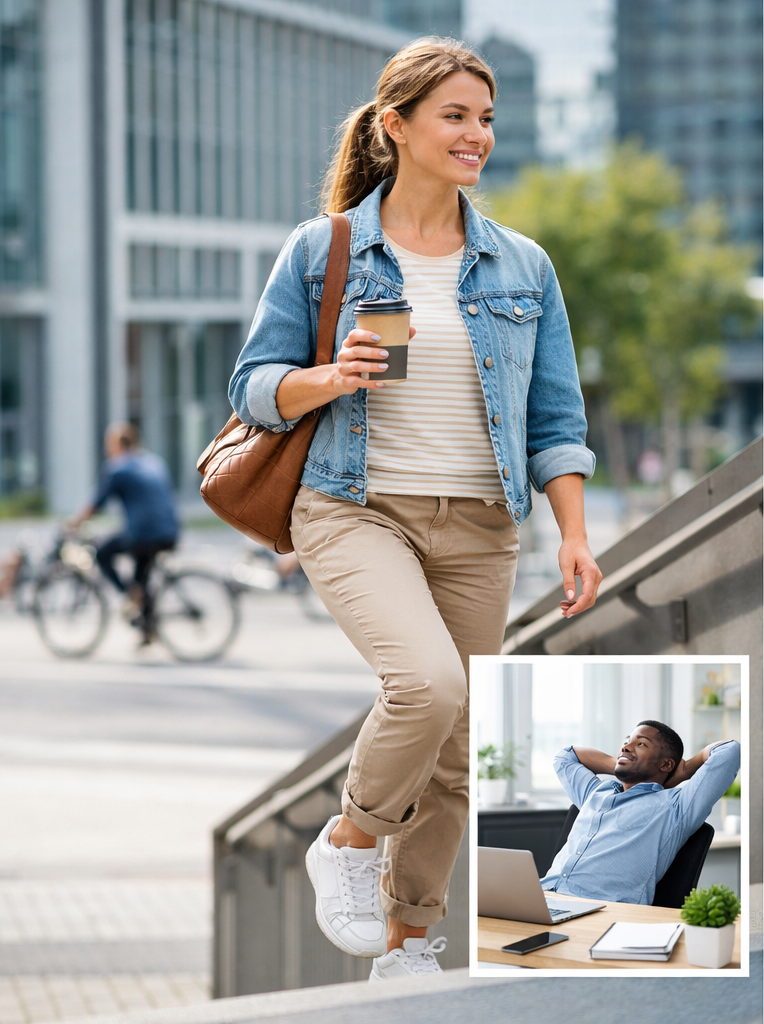 Femme jeune qui monte des escaliers et un homme qui s'étire sur sa chaise